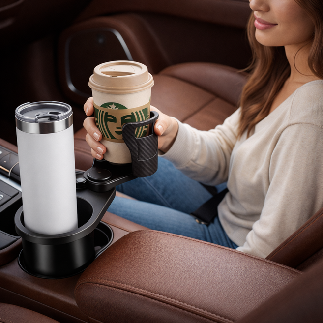 하우센트 이중고정 확장거치 차량용컵홀더, 블랙, 1개