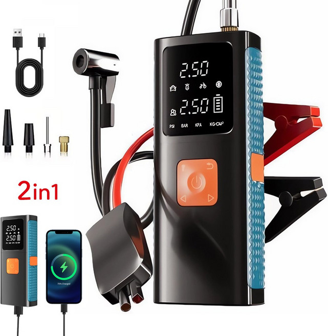 ZOZOFO 점프스타터 에어펌프 긴급시동 보조배터리 12V 휴대용 공기주입기 8000, 8000mAh, 1세트