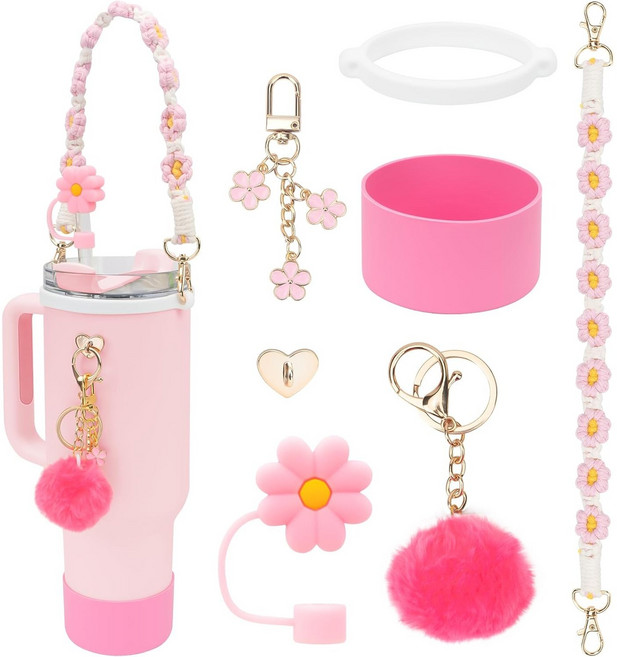 스탠리 꾸미기 텀블러 악세서리 스트랩 키링 빨대 커버 세트 7colors, 1세트, 진핑크