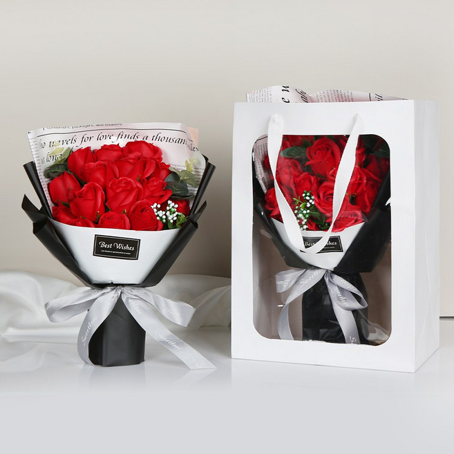 플로잉 장미 비누꽃+쇼핑백 15송이 꽃다발, Red+쇼핑백, 1개