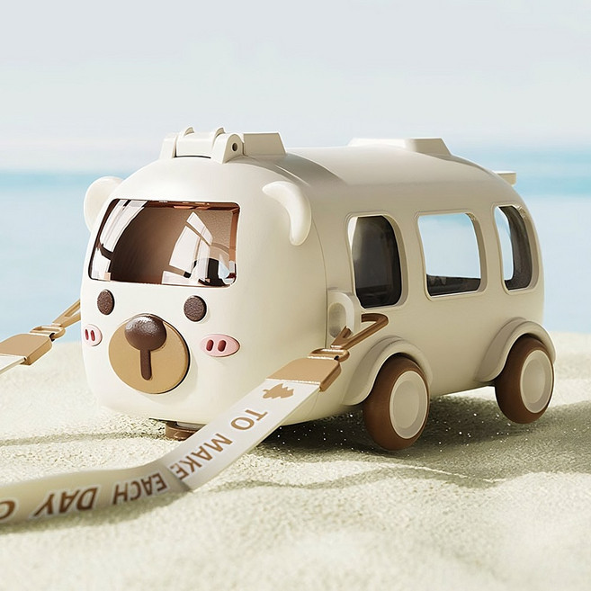 무이무이 귀여운 미니버스 어깨끈 원터치 키즈물병, 화이트, 1개, 500ml