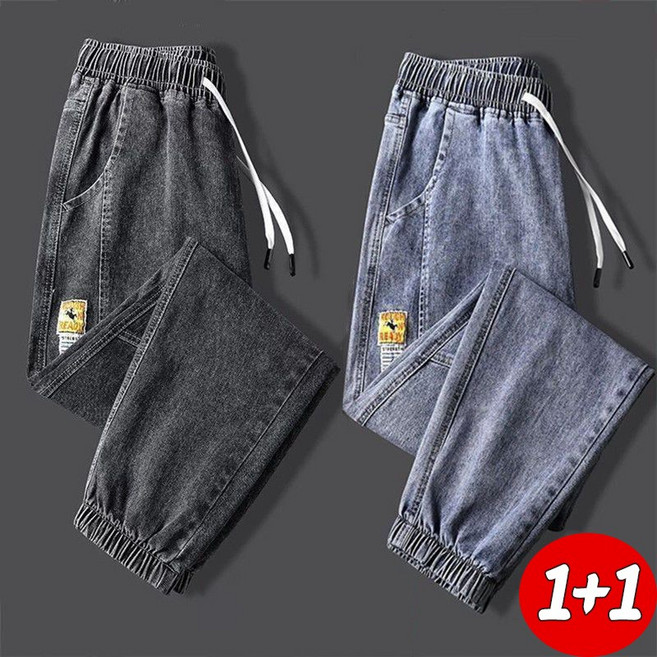 1+1 남자 캐주얼 데님 워싱 청바지 밴딩 조거 배기 팬츠 m~5xl까지 츄리닝 슬랙스