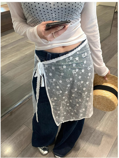 여성 힙커버 꽃잎 시스루 레이어드 플라워 랩 프릴 치마 벌룬 미니 스커트 레이스 랩스커트 힙커버 허리랩 리본끈 덧치마 바지위코디