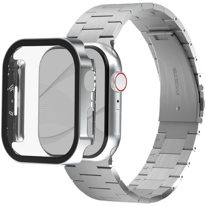 아이메이드잇 애플워치 호환 로이스 메탈 스트랩 + 풀커버 보호 일체형 케이스, 실버