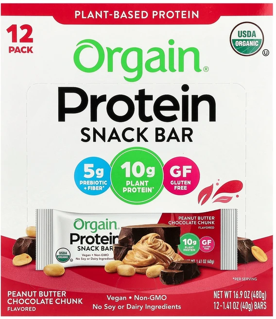 Orgain 유기농 식물성 단백질 스낵 바 피넛 버터 초콜릿 청크 12개입 각 40g(1.41온스), 40g - 쿠팡