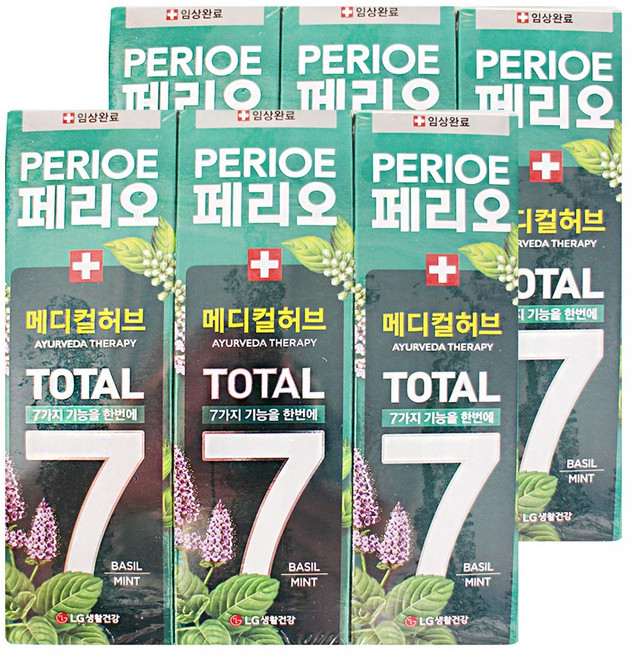 엘지 페리오 토탈7 치약 아유르베다 테라피 메디컬허브 바질 민트 100g 3입 2개, 6개