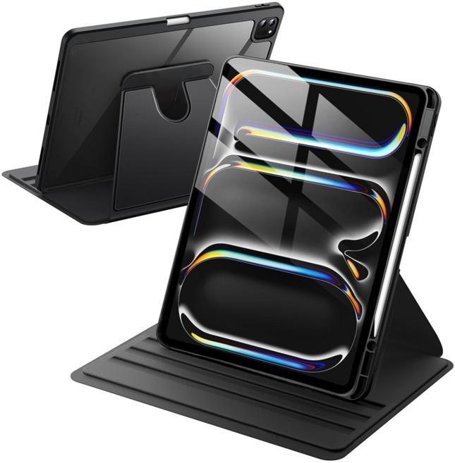 디상커 아이패드 720도 회전 아크릴 단색 투명 펜슬수납 충격 방지 거치대 태블릿 케이스 에어 8/7/6/5/4 프로 8/7/6/5/4/3 세대 11/13인치, 블랙, 1개