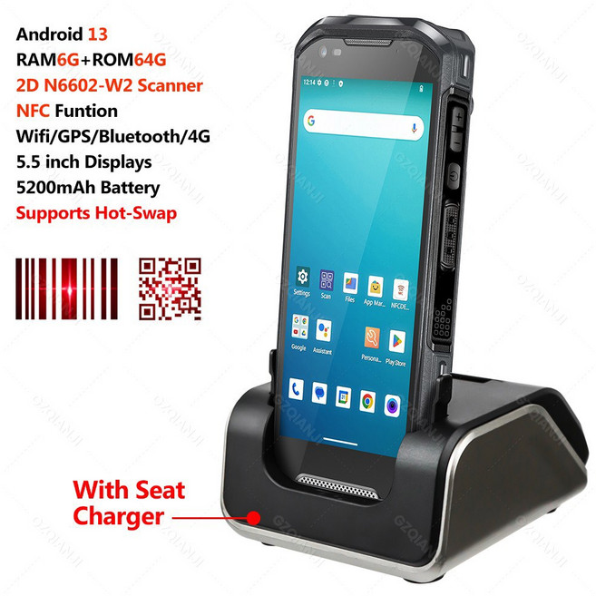 PDA 모바일 데이터 터미널 안드 13 견고한 고성능 1D 2D 바코드 스캐너 NFC 5200MAH 배터리 MTK6769 6G 64GB, 6G64G PDA Add C, 영국, 1개
