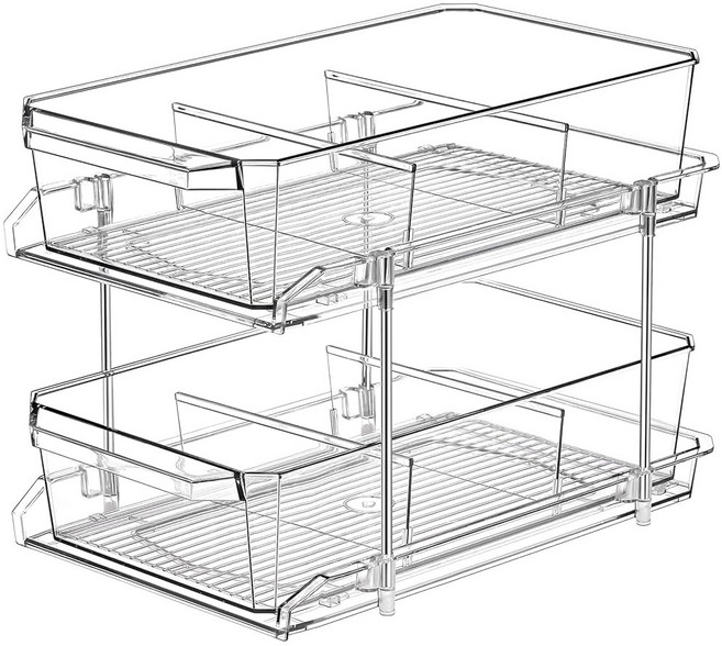 2세트 캐비닛 보관 2단 칸막이가 아웃 칸막이 있는 다용도 슬라이드 카운터용 투명 정리함, 8인치 1세트