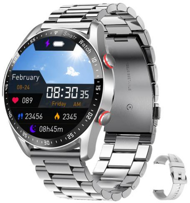 남성 스마트워치 AMOLED 고화질 스크린 ECG PPG 심전도 측정 블루투스 HD통화 메탈밴드 스테인리스 GPS트래커 심박수 만보기 수면분석 IP68방수 비즈니스 데일리 출근룩, steel strip silver