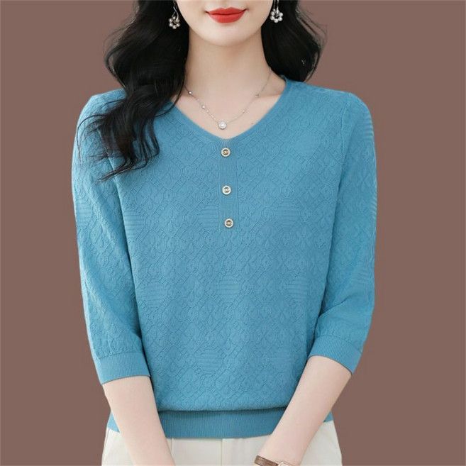 TKX 여성용 브이넥 니트 7부 소매 단추 포인트 슬림핏 봄 가을 기본 스타일 데일리 심플 패턴 니트탑