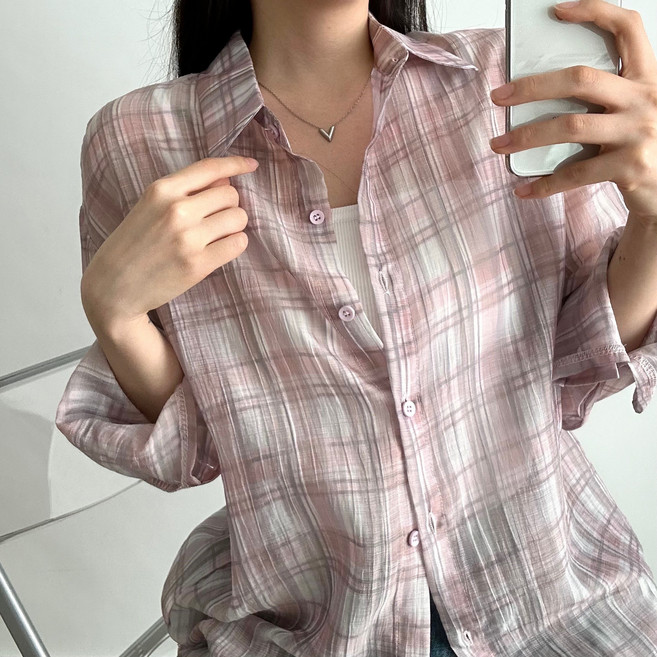 더한땀 여성 오버핏 시스루 체크 셔츠 여름 빅사이즈 살안타템