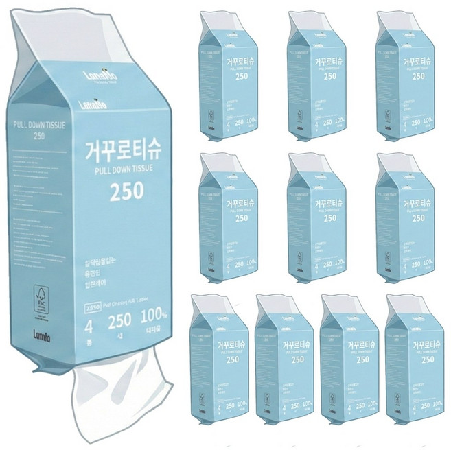 루넬 거꾸로 티슈 4겹 도톰한 먼지없는 아래로 뽑아쓰는 벽걸이형 대나무 화장지, 10개, 250매입