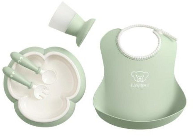 이유식스푼 식기 베이비비욘 베이비 디너 세트 5개입 파우더 그린 (아기 접시 아기 포크 숟가락 컵 포함 식기세척기 사용 가능 영유아 자가 또 주도 이유식용)