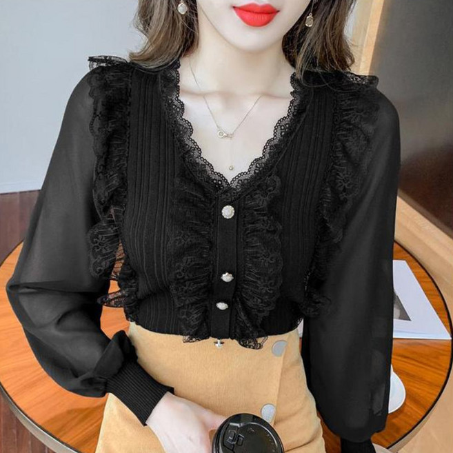 아로하스타일 여자 브이넥 레이스 니트 시스루 가디건티 C355 데일리룩