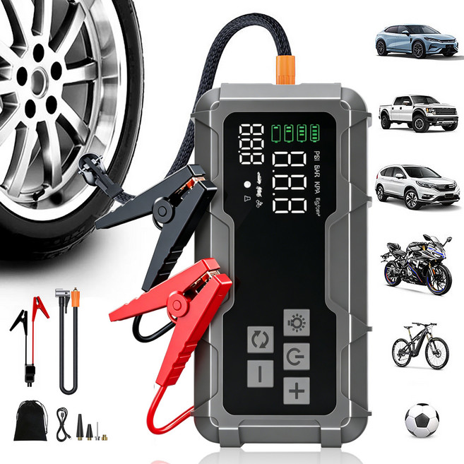타이어 공기압주입기 무선 휴대용 대용량 전동 에어펌프 다용도 에어 펌프, 블랙, 1세트