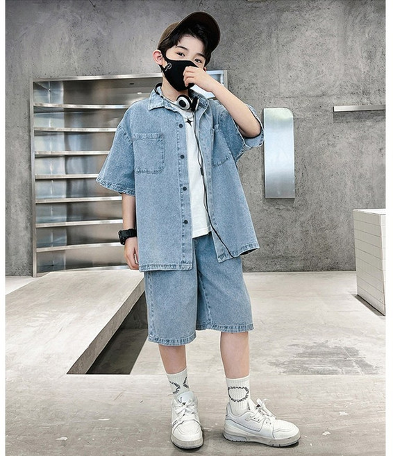 해피델리 주니어 환승 데님 셔츠 셋업 남아데님 청반팔셔츠세트 초등청패션 데님룩