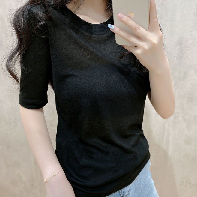 VEZRI 여성 여름 시스루 라운드 넥 반팔 이너 티셔츠 슬림핏 F88