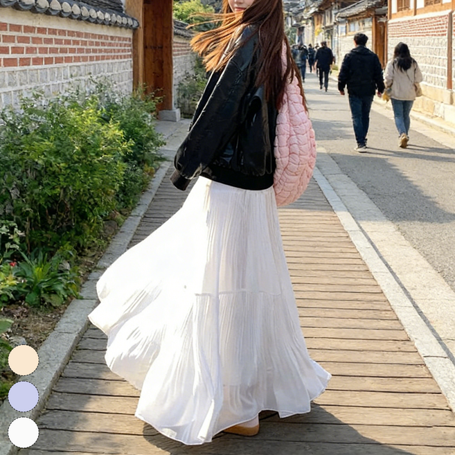 여성 쉬폰 롱스커트 플레어 A라인 셔링 밴딩 데이트룩 치마
