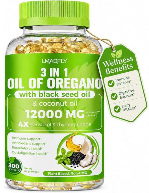 40:1 Oil of Oregano Softgels with Black Seed Oil & Coconut Oil 300 Count 3-in-1 Oregano Extract, 40:1 Oil of Oregano Softgels w