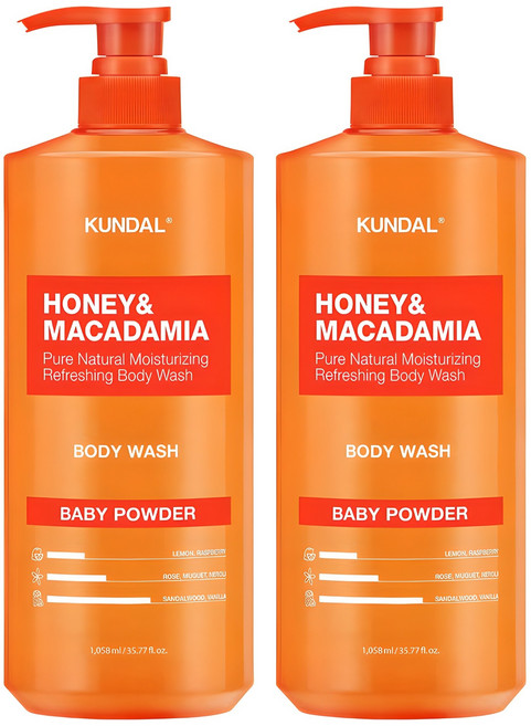 쿤달 허니 앤 마카다미아 퓨어 바디워시 베이비파우더향, 1.058L, 2개