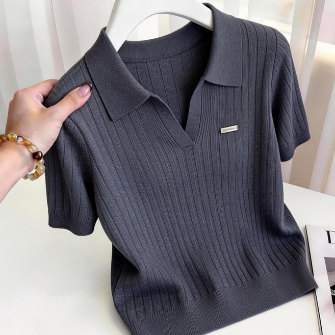 여성 쿨링 냉감 반팔 니트 티셔츠 빅사이즈 카라 브이넥 반팔티 상의