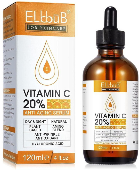 ELBBUB 히알루론산 레티놀 아미노산이 함유된 얼굴용 프리미엄 20% 비타민 C 세럼 - 피부 콜라겐 증진 수분 공급 통통한 피부 페이셜, 4액량 온스(1개입), 1, 120ml