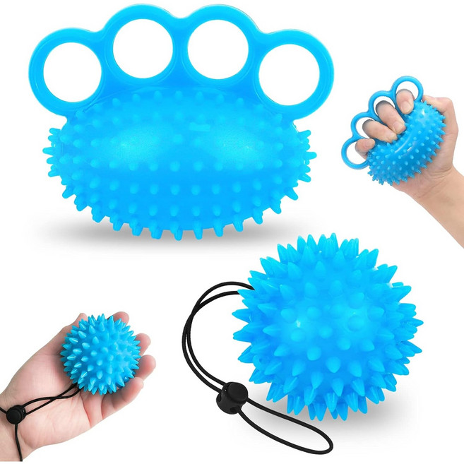 ADNEWX 스파이키볼 2종 세트 - 손 마사지볼 + 손걸이형 악력기 지압볼 트레이너 스트레스 해소 손가락 재활 운동, 파란색, 1세트