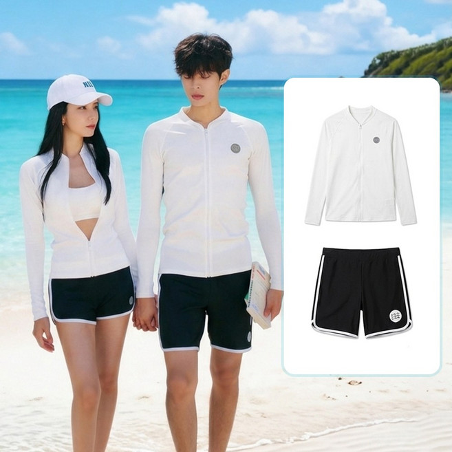 큰귀멍멍 남녀 커플 래쉬가드 긴팔 집업 수영복 비치웨어 상하의 세트