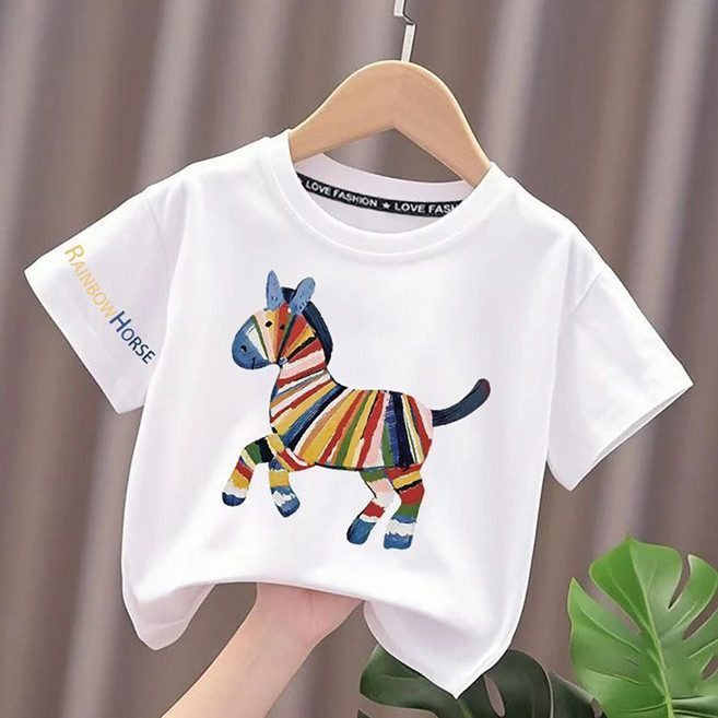 로르카 14세 이상 사용 가능 아동용 레인보우 말 프린트 반팔 티셔츠 B06032716