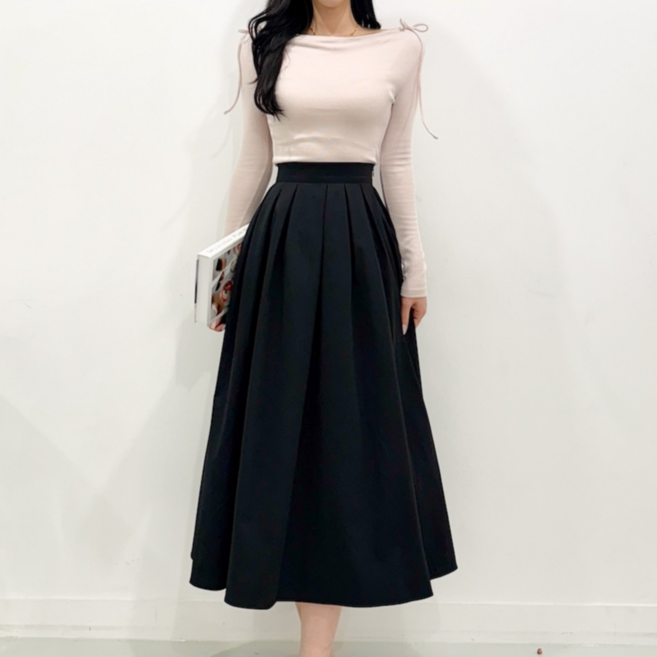 투디 코튼 바스락 핀턱 밴딩 롱스커트 플레어 롱치마 데일리 빅사이즈 66-77 2컬러