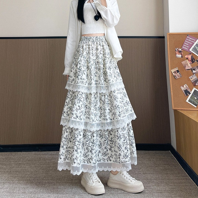 DIU 蕾絲拼接蛋糕裙女春夏新款法式半身裙復古溫柔高腰碎花蓬蓬長裙子