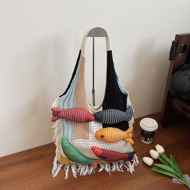 編織針織托特包 小魚單肩包, 1個, 白拼黑