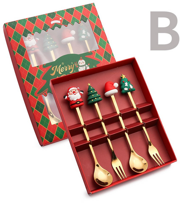자자데코 크리스마스 디저트 커트러리 세트 스푼 포크 세트, 1세트, 레드B(4개입)