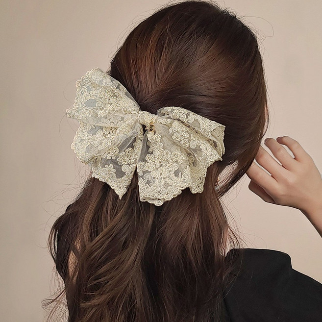 [초콜리트쥬얼리] 아벨리 레이스 왕 리본 반머리 자동 헤어핀 3컬러
