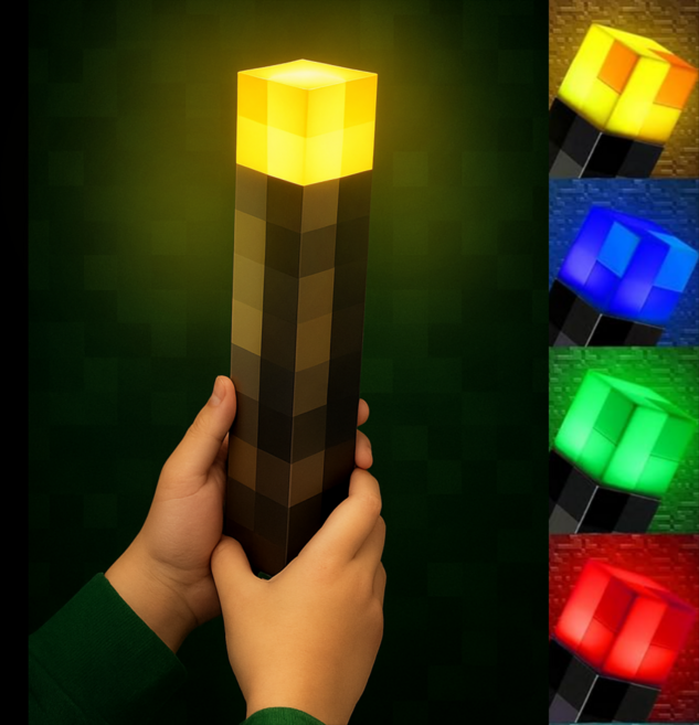 포클리어[충전식] 4색불빛 게임테마 픽셀 블럭 횃불 조명 무드등 C-type 케이블 포함, 4가지 불빛 램프