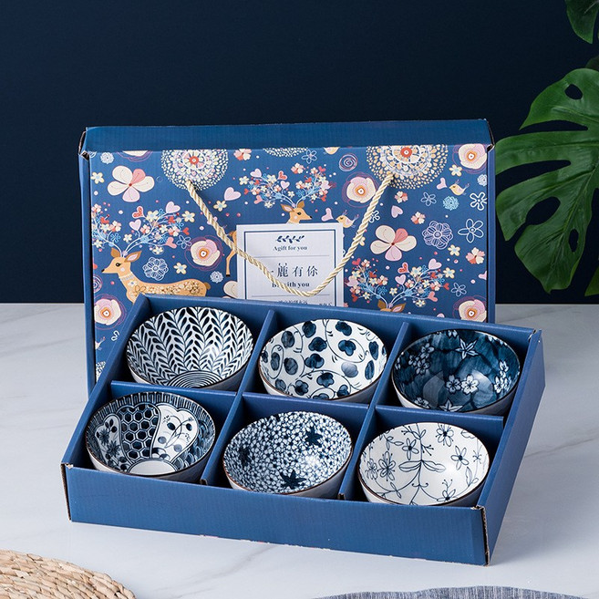 DFMEI 禮品碗套裝活動家用青花瓷碗陶瓷套碗碗筷餐具禮盒裝, 1個, 一路有你青花六碗, 參考詳情