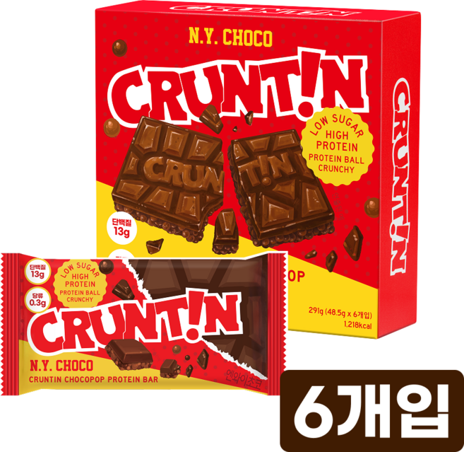 [본사공식몰] 크런틴 초코팝 단백질바 NY초코 당0g대, 6개, 48.5g