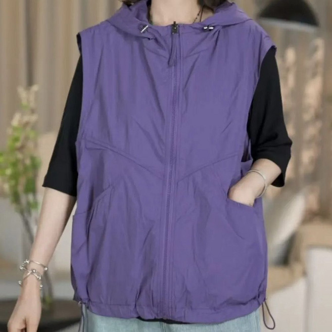 ROYALBELLE 여성 루즈핏 민소매 후드 베스트 단색 데일리 빅포켓 카고 조끼 D0032015