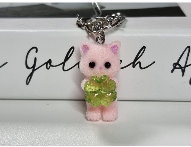 [곰돌이키링증정이벤트] 행운을 주는 네잎클로버 미니고양이 키링 수능선물 행운부적 핸드폰줄, 1개, 핑크, 수능부적카드