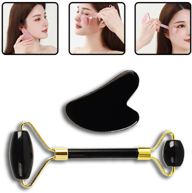 올라이이프지 얼굴 페이스 괄사 롤러 리프팅 마사지 도구 세트, 럭셔리 블랙, 1세트