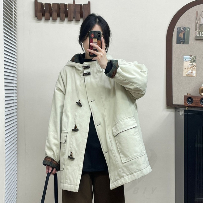 비아이와이 여성 빈티지 캐주얼 루즈핏 후드 더플 패딩 DH1199