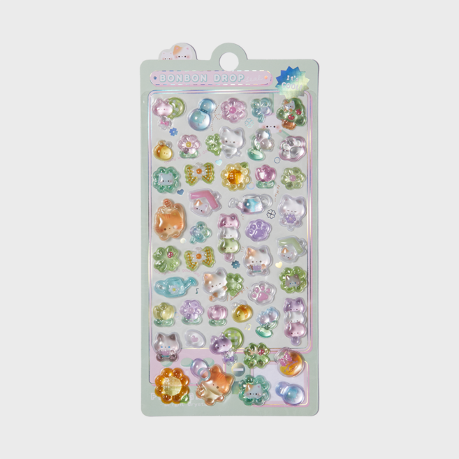 [37종 중 골라담는 재미] 다양한 3D크리스탈스티커 봉봉스티커 오로라스티커 3D입체 DIY 다꾸 폰꾸 시즌1 시즌4 오로라시즌 팝시즌, 1개, 08. 본본_냥이의 행운