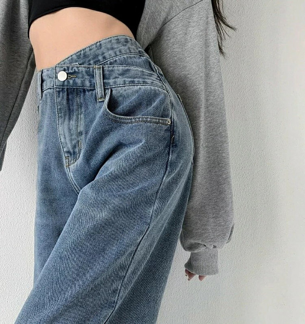 shiny藍格子 不規則交叉高腰垂感牛仔褲