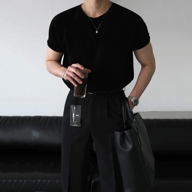 베이직바이블 남자 프리미엄 메쉬 벨로아 니티드 데끼 머슬핏 반팔 비침없는 무지 썸머 니트(4color)