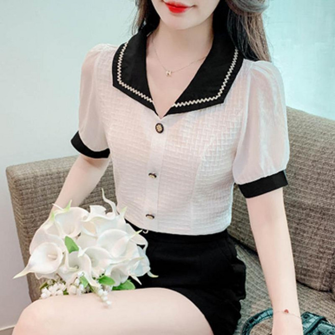 AURALA 여성 레이스 반팔 블라우스 셔츠 여름 카라넥 반팔티 하객룩