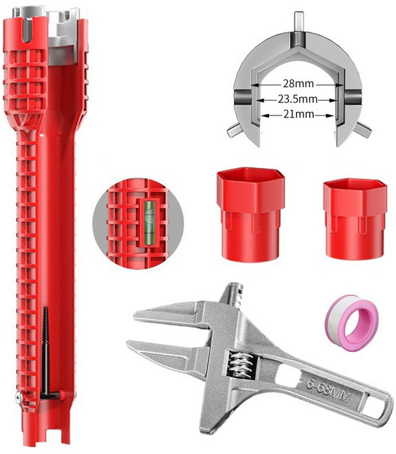콜콜러브 다기능 렌치 8in1 싱크대 렌치 + 몽키 스패너 + 테프론 테이프 주방 욕실 배관 수리 공구, 1세트