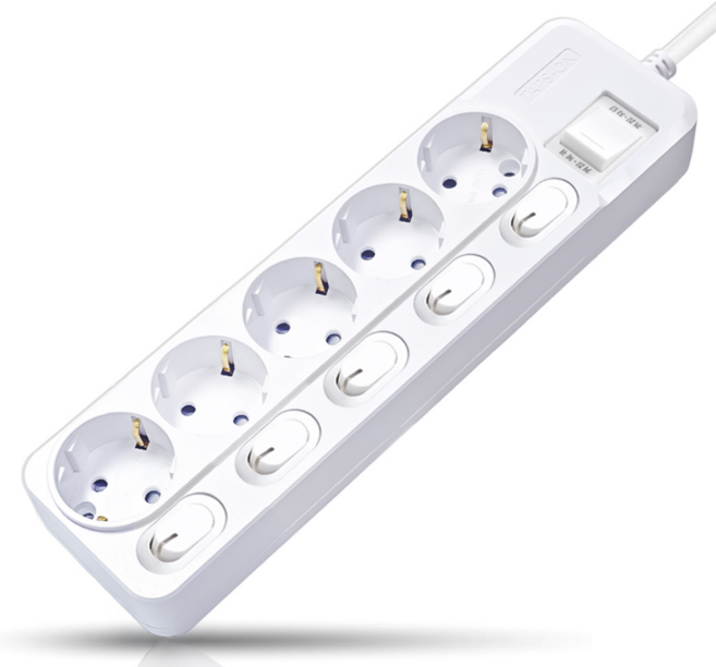 개별스위치+과부하차단 KC인증 접지 2800W 절전 콘센트 5구 멀티탭, 화이트(화이트스위치), 1개, 5m