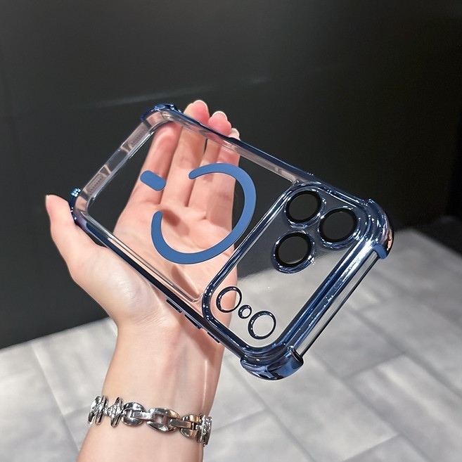 適用 蘋果 iPhone 四角氣囊防摔 手機殼 鏡頭全包 磁吸充電, 磁吸冰晶盾-藍色,17Promax, 1個