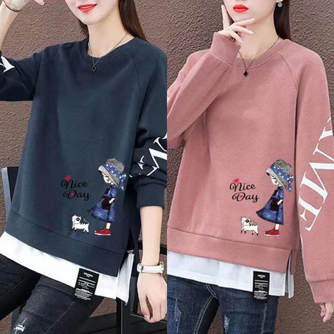 타임퓨어 1+1 여성 맨투맨 긴팔티셔츠 캐주얼 슬림핏 귀엽다 가짜 투피스 긴팔티 라운드 맨투맨상의 여성가을티 의류